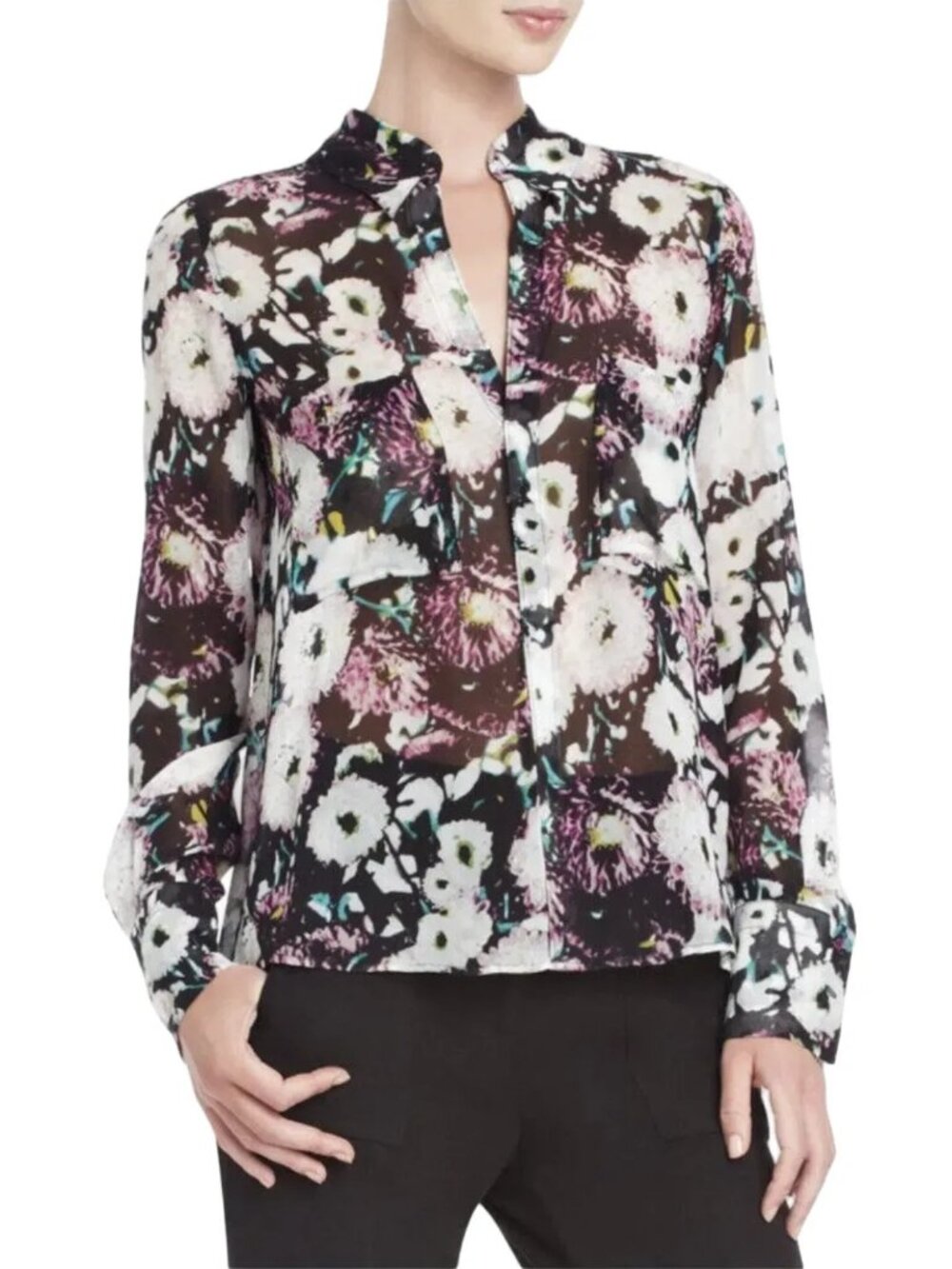 BCBGMAXAZRIA 100% Silk Semi Sheer Hi Low Floral Collared Popover Blouse  SZ XS